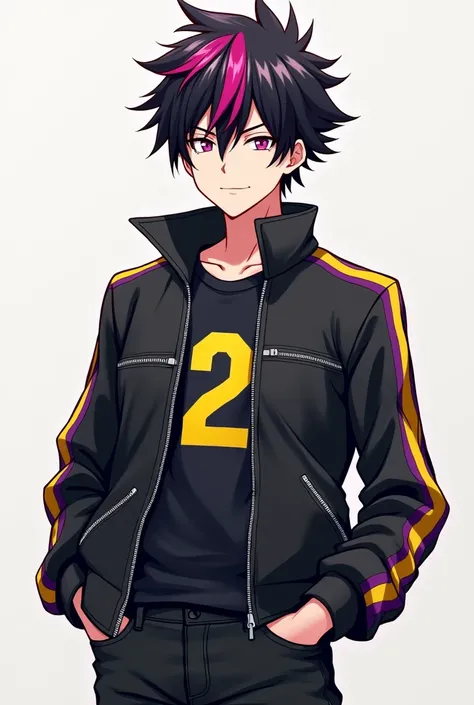 Anime boy with spiky black hair with magenta streaks in it. Wearing a black leather jacket with yellow 2 and streaks on the side and purple streaks in it. With a pair of black jeans 