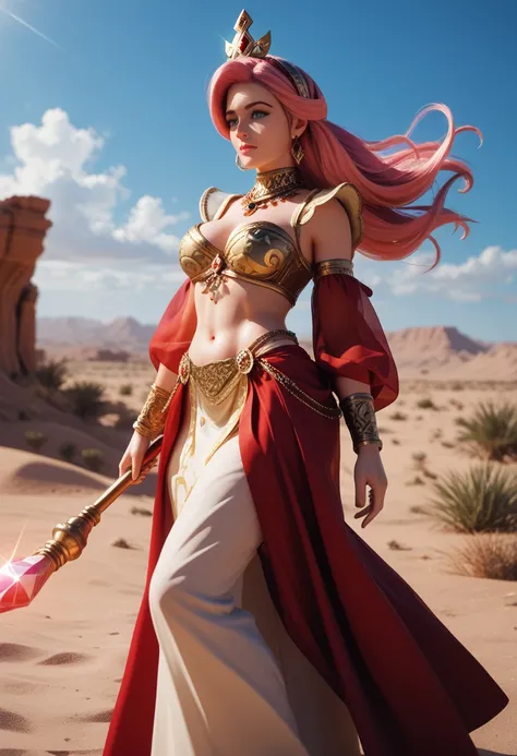 A stunning 3D fantasy art illustration of the Queen of the Desert. She stands majestically in a vast, arid desert landscape under a dramatic, high-contrast sky with golden hues blending into deep purples. Her regal attire is a blend of intricate gold and r...