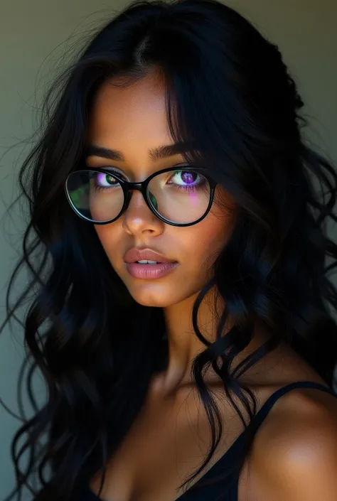 Black wavy hair girl
-the right eye purple and the left eye green 
- long hair 
- her skin color is dark, Osea Morena Clara 
- with glasses and a tattoo 
No tattoos and no lenses