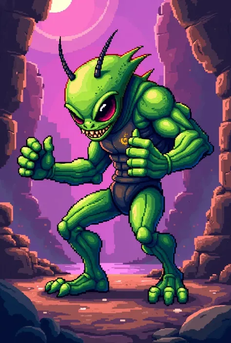 PIXEL ART SPRITE FOR A 2D ACTION PLATFORMER VIDEO GAME HERO, BOOM BOL WEEVIL IS A GREEN ANTHROPOMORPHIC ALIEN  [DUKE NUKEM|EARTWORM JIM|BUCK BUMBLE]