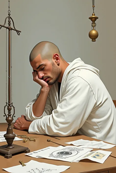 Drawing of young man , White, shaved head, vestido com manto White, napping sitting with his head resting on a table next to papers,  graphics and pendulums 