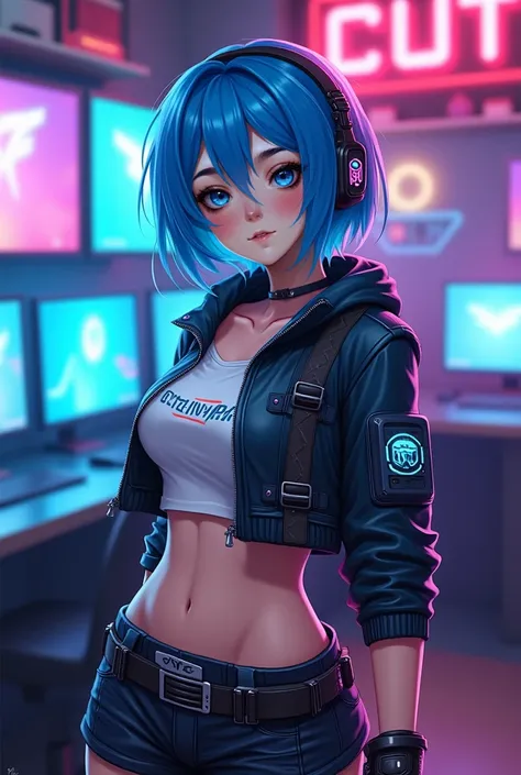 Create a futuristic, anime-inspired female character with short, vibrant blue hair, bright blue eyes, and a confident expression. She serves as the brand avatar for DestinyPC. Her facial structure, hair, and overall aesthetic remain consistent across all d...