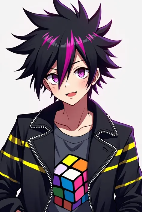 Anime boy with spiky black hair with magenta streaks in it. Wearing a black leather jacket with yellow and purple streaks on it, with a dark grey shirt that has a Rubrix cube on it