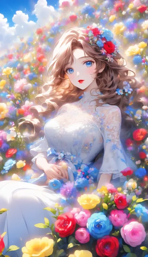 Score 9 Up,Score 8 Up,Score 7 Up,(Best Quality),((Masterpiece)),Anime, "A pretty girl, dressed in gorgeous clothing, is sitting in a vast flower field. She is holding a colorful bouquet, and in the background is a blue sky with floating white clouds." Blue...