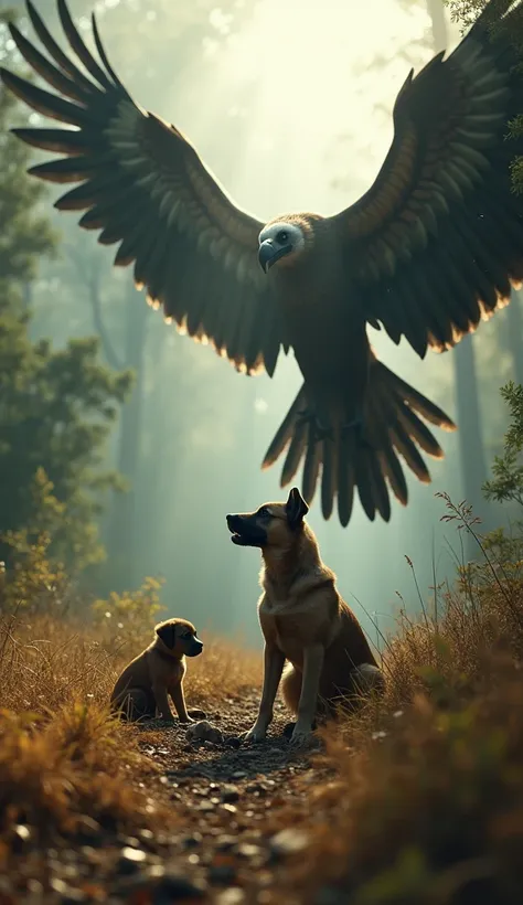  An ultra-realistic depiction of a small dog sitting in a rainforest , surrounded by dry grass and trees . by your side. over it, a gigantic black and ferocious vulture circles slowly through the sunny sky,  its enormous wings casting a menacing shadow ove...