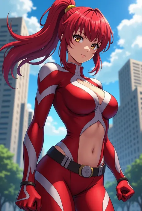  My Hero Academia style ,   anime girl , woman, young woman ,  full body shot ,( Fighting Stance :1.3),Long Hair, Red Hair,   Brown Eyes , hero suit, Full Body Suit,  red suit with white details, perfect anatomy,  enhanced abs , super detailed,(building:1....