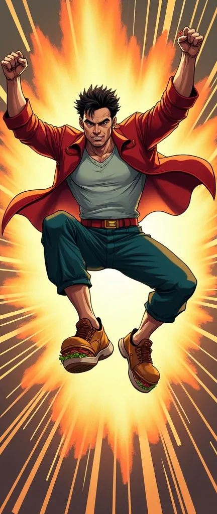 cartoon of a man flying through the air with sandwiches for feet allow him to run faster and jump higher , serious sam as smash characters, inspired by Daryush Shokof, heroic kicking pose, epic comic book style, official art, promotional art, epic action p...