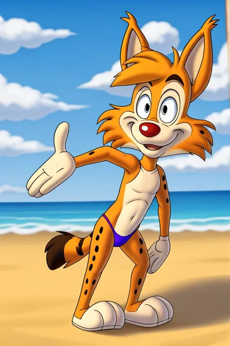 Lynx cartoon guy full length slim skinny in red speedo on the beach with a happy face striped tail