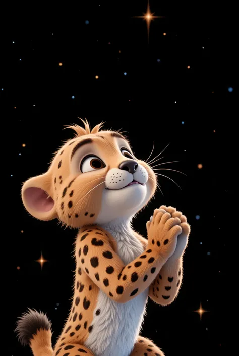 Characteristics of a CHEETAH cub: a cute, friendly, charismatic CHEETAH, with Disneys 3D animation features, Pixar style, the features are very attractive to attract the attention of ren, in a prayer position with her paws together, looking up at the sky, ...