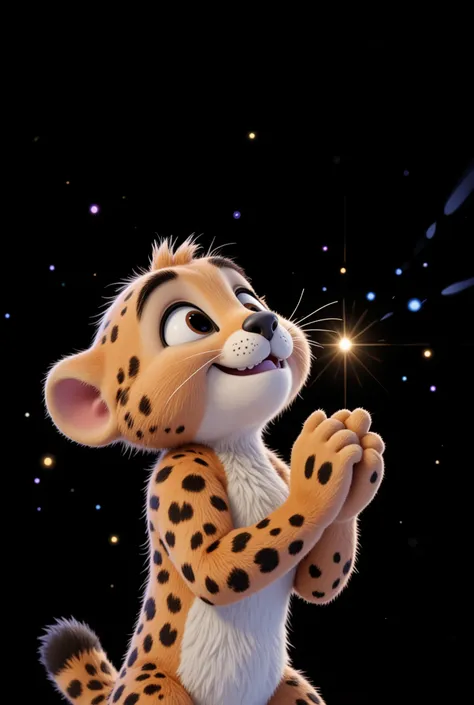 Characteristics of a CHEETAH cub: a cute, friendly, charismatic CHEETAH, with Disneys 3D animation features, Pixar style, the features are very attractive to attract the attention of ren, in a prayer position with her paws together, looking up at the sky, ...
