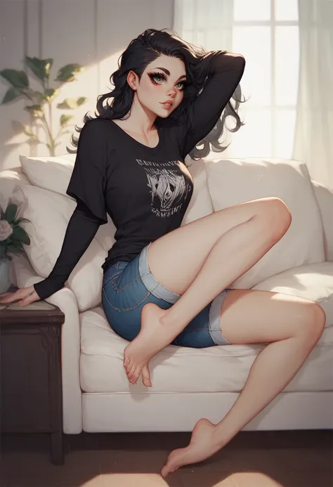 white woman,  wavy black hair with little blond twigs, long eyelashes full black shirt , short jeans , barefoot 