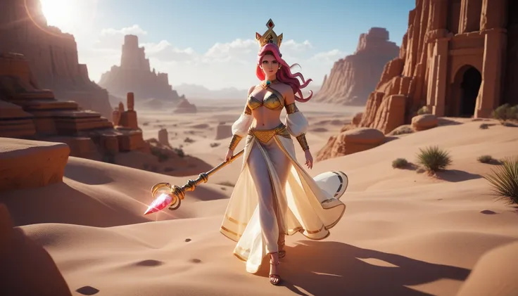 A stunning 3D fantasy art illustration of the Queen of the Desert. She stands majestically in a vast, arid desert landscape under a dramatic, high-contrast sky with golden hues blending into deep purples. Her regal attire is a blend of intricate gold and r...