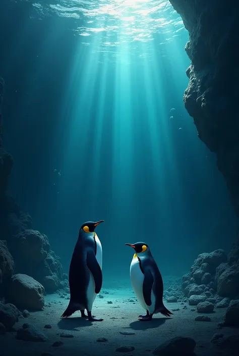 Create an image of a penguin and a fish at the bottom of the sea .  Make the fish in the darkest part of the water and the penguin in the brightest.  Make the fish standing and the penguin swimming towards it  