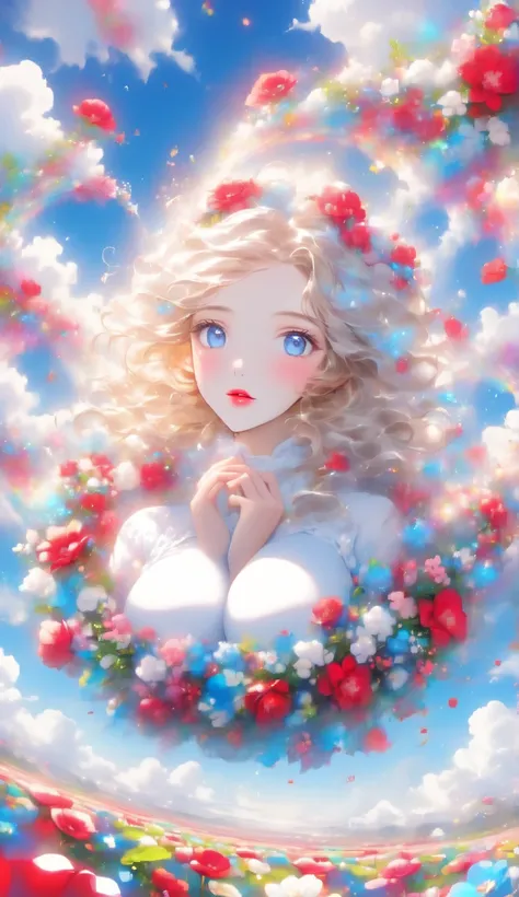 Score 9, Score 8 Up, Score 7 Up, (Best Quality), ((Masterpiece)), Anime, "A cute girl dressed in Santa Claus clothes is sitting in a vast flower field. She prays, and in the background there is a blue sky with floating white clouds." Blue eyes Im in a flow...