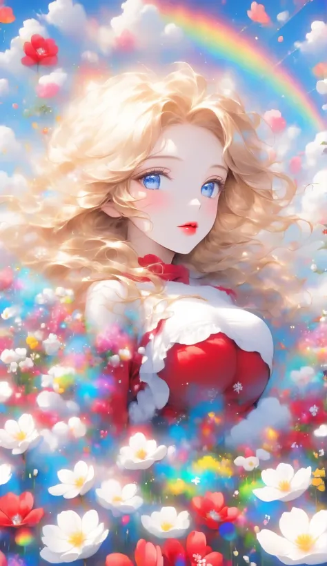 Score 9, Score 8 Up, Score 7 Up, (Best Quality), ((Masterpiece)), Anime, "A cute girl dressed in Santa Claus clothes is sitting in a vast flower field. She prays, and in the background there is a blue sky with floating white clouds." Blue eyes Im in a flow...