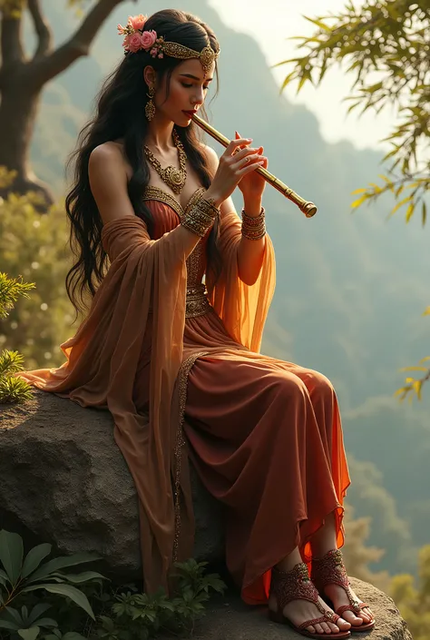 Une femme arabe sexy décorée de bijoux en or ornés, vêtue dune tenue marron et rouge, assise sur un rocher au sommet de la montagne, portant des sandales en cuir rouge. Elle a des cheveux longs et flottants décorés de fleurs roses et daccessoires complexes...