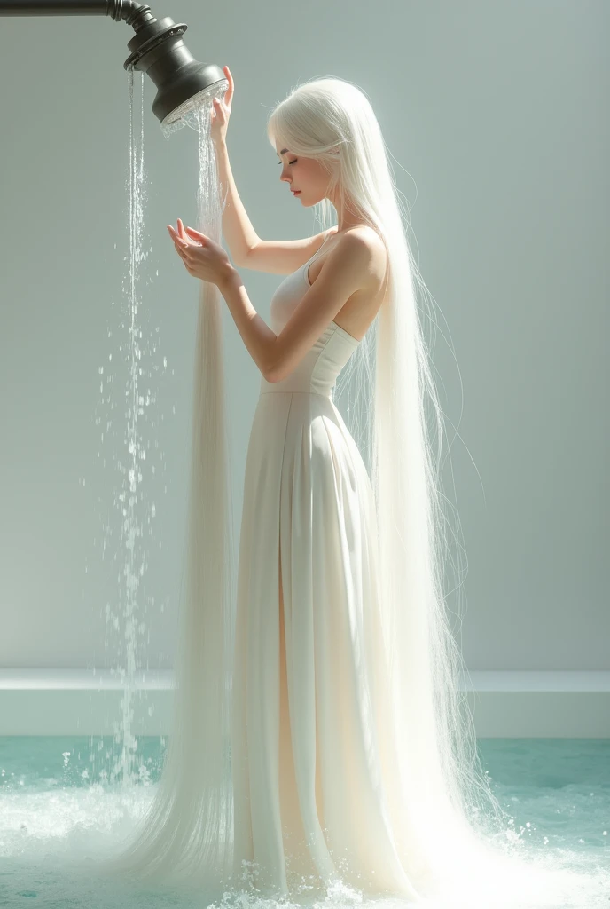 Rinse a long white wig in cRinse a long white wig under running water lean, cool water