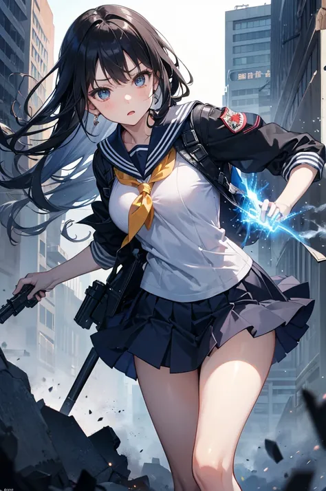 A scene depicting a high school girl with straight, long black hair wearing a traditional sailor uniform. She is equipped with a tactical plate carrier on her chest and carrying a futuristic railgun. The railgun features a sleek, elongated barrel glowing w...