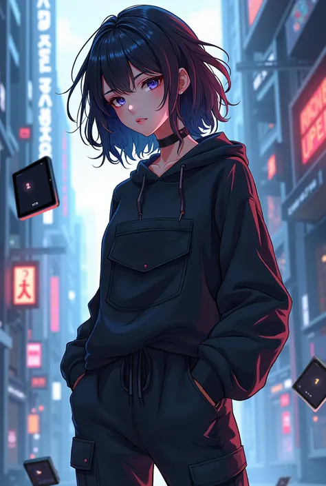 Make an anime cartoon of one with wavy hair along with a fringe on her black-skinned left eye, black eye, black cargo sweatshirt and pants , a tablet floating next to you GENDER FEMENINO