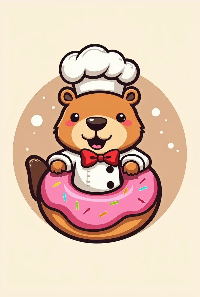  Generate a circular logo with the design of a colorful donut ,with the company name N &a,which is responsible for selling donuts .  In the background of the logo there is a capybara dressed as a chef eating a donut.
