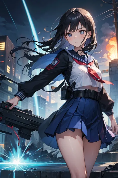 A scene depicting a high school girl with straight, long black hair wearing a traditional sailor uniform. She is equipped with a tactical plate carrier on her chest and carrying a futuristic railgun. The railgun features a sleek, elongated barrel glowing w...