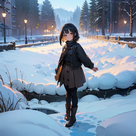 ( High Quality ,  high definition , Very detailed, reality:1.37), Peaceful atmosphere, (Outdoor, garden ,snow),  teenage girl standing alone, Beautiful details,  cute smile, (Black Bob), Ribbed sweater,Brown skirt, Black tights,  brown boots .