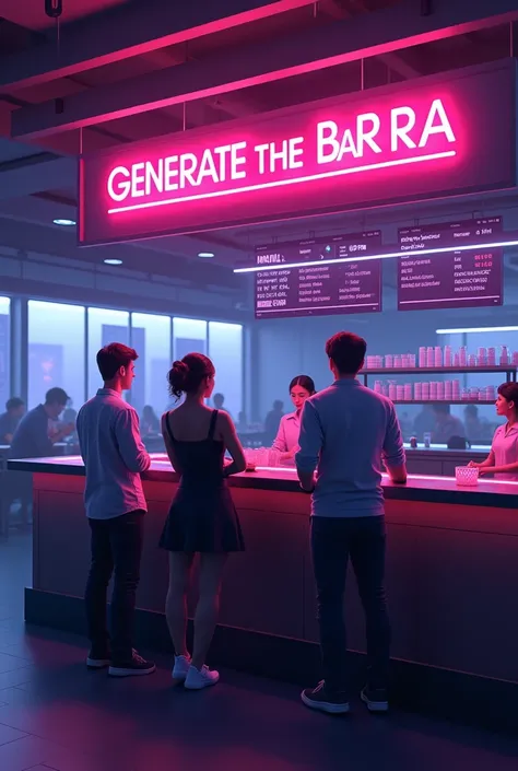  Generate the BarraGenerate the sales bar of a futuristic restaurant with its employees. The sales lights of a futuristic restaurant with its employees . The lights in the restaurant are a faint purple.