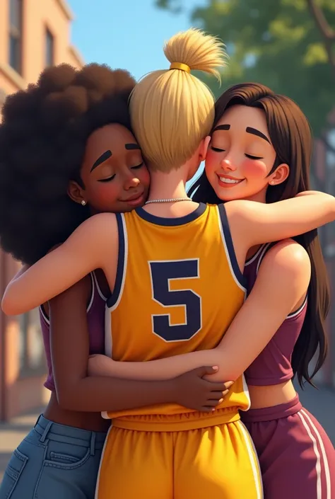  make three friends s ,  a friend is black , One is white, Another one is brown ,  the three s are hugging a blonde female basketball player number 5 jersey with a ponytail and the name Paige Bueckers 