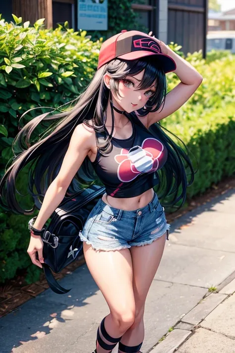 A very sexy pokemon trainer lady with black long hair light skin full body black legins and black Womens Pokeball Print Tank Tops 
