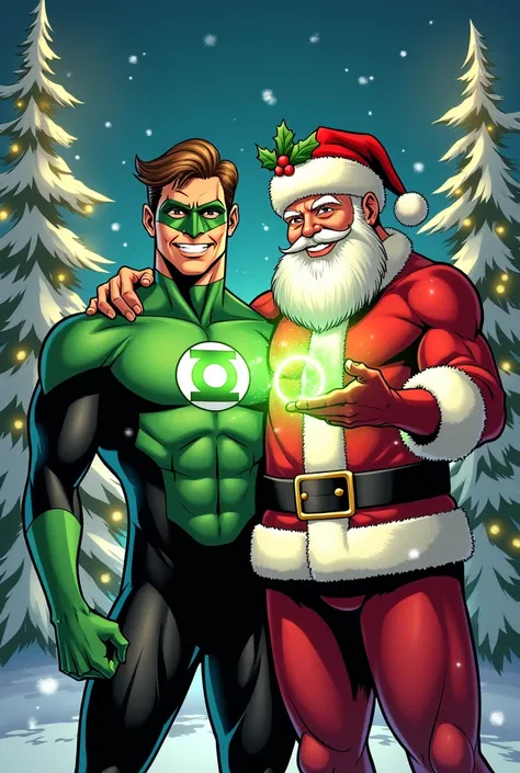 Make a Christmas kyle rayner green lantern wearing a Christmas hat next to Santa wallpaper 