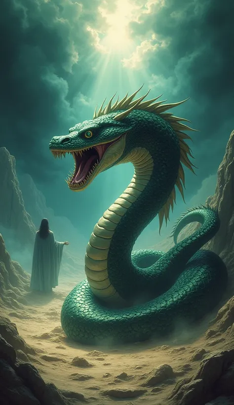 A dramatic close-up in 90s anime style of the serpent, its head raised and eyes full of hatred as it hisses in defiance. The serpents body is large and sinuous, with intricate details in its scales. A divine, radiant light shines down from the sky, highlig...