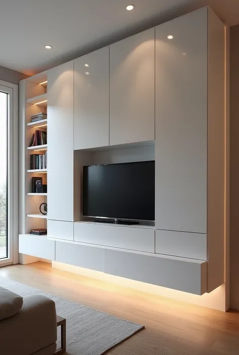 White bookcase with LED with television inserted ,Next to modern corner fireplace 