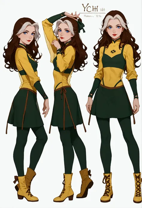 ((full body shot, standing, feet on the ground))rogue x-men, ((character design sheet)), masterpiece, best quality, highly detailed, score_9, score_8_up, score_7_up, score_6_up, anime source,BREAK, 2girl, long hair, blue eyes, flower, hair bow, small breas...