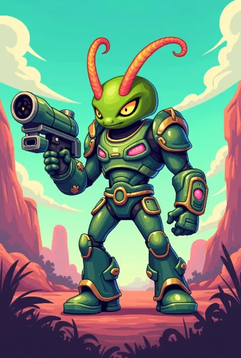 PIXEL ART SPRITE FOR AS A ICONIC 2D ACTION MASCOT PLATFORMER VIDEO GAME HERO, BOOM BOLL WEEVIL IS A GREEN ANTHROPOMORPHIC BUFF ALIEN RESEMBLING A BOLL WEEVIL WITH A GUN AND SPACE ARMOR  [DUKE NUKEM|EARTWORM JIM|BUCK BUMBLE]