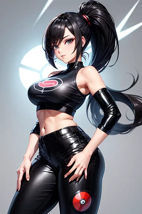 A very sexy pokemon trainer lady with black hair light skin full body, with black tight leather pants and black Womens Pokeball Print Tank Tops 
