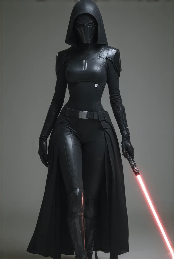 
Sexy female inquisitor (Star Wars), black armored leotard, wearing helmet, holding a lightsaber, legs uncovered (athletic)