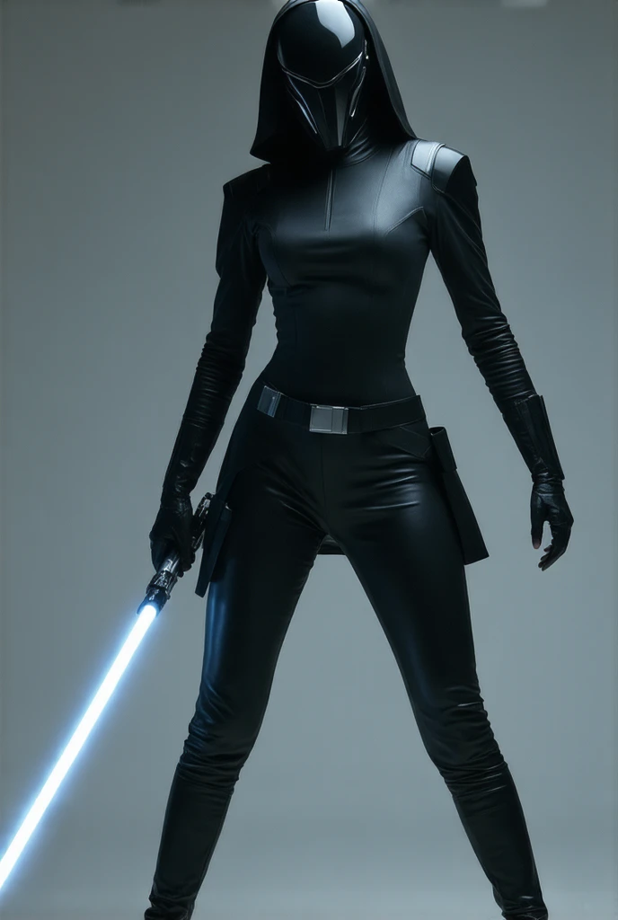 
Sexy female inquisitor (Star Wars), black armored leotard, wearing helmet, holding a lightsaber, legs uncovered (athletic)