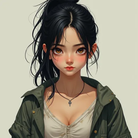 korean woman, 21 years old, straight hair black,  tied in a messy ponytail ,  with some threads falling over her face ,  fair skin and deep brown almond-shaped eyes,  dressed in a loose shabby blouse and jacket , Your expression is serious and fearless .