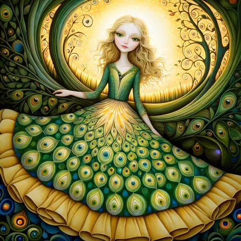 Patchwork por Klimt, nicoletta ceccoli, Naoto Hattori, Lawrence Didier,  Leonora Carrington from a European woman with a thin face,  green eyes, with straight ,  long blonde hair , wearing a wide skirt ,  is lying under a large weeping tree and smiling sof...