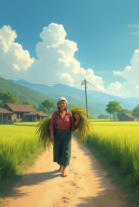 "A nostalgic scene of a mother walking down a dusty village path, surrounded by green paddy fields and a vast blue sky. She carries a bundle of crops, her figure fading into the distance as if in memory. The scene evokes a deep connection to rural life and...