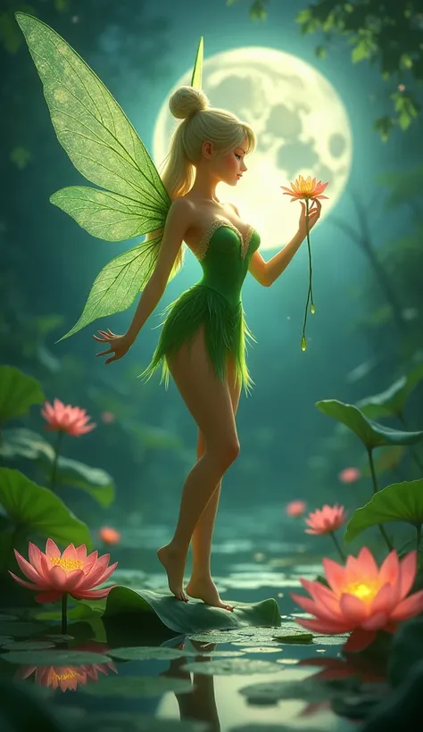 the proportions and detailed textures (in high quality), multicolor brushwork and softened with airbrush, semi-realism illustration featuring An exotic and sexy beauty  tinkerbell fairy (full body) with an innocent looking, angelic face, thick thighs, wide...