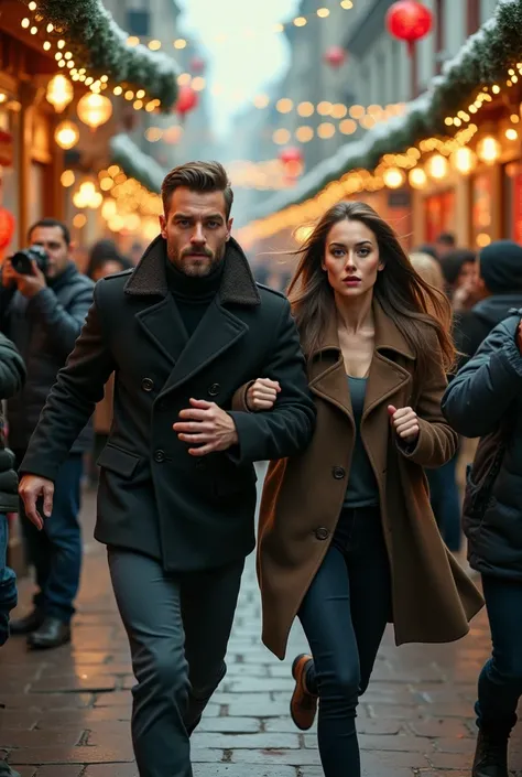 A handsome man with a short beard and a woman runs away from a Christmas market with many photographers 