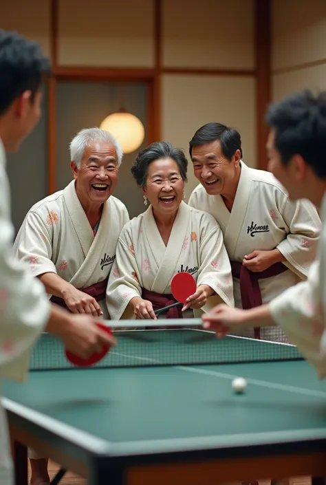 Anime, theme is "Japanese Yukata", after taking a bath at a hot spring inn, middle-aged men and women play table tennis in their yukatas in the recreation room, they look like theyre having fun, the cheap yukatas with the inns name printed on them create a...