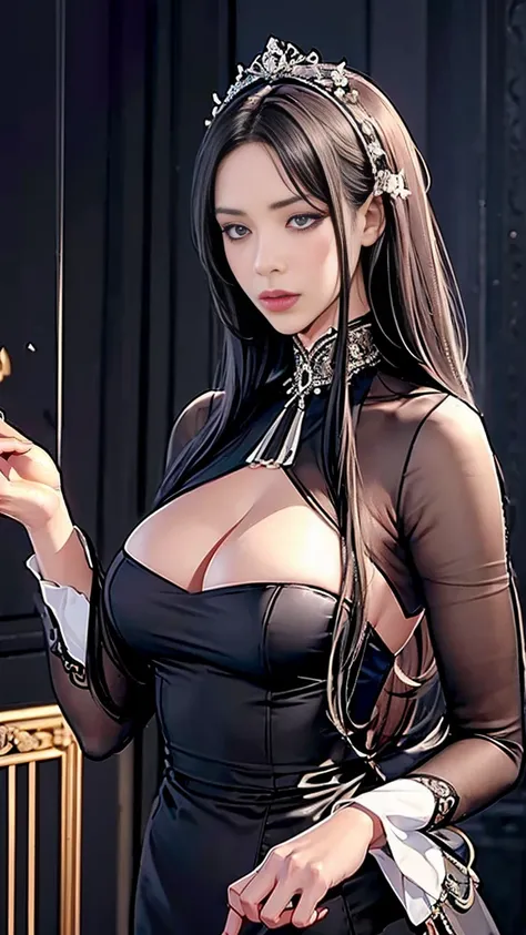 Calm and mysterious woman, servant of the Black Rose Mansion, expression like a mask, cold and reserved, dressed in traditional servant attire, elegant and refined appearance, deep dark long hair, emphasizing an elegant yet composed aura, full and alluring...