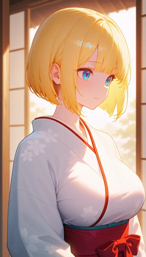 top quality, masterpiece, high definition, 1 girl, perfect beautiful face, bob cut, japanese outfit, kimono, intricate details, cinematic feel, 8k, very detailed, big breats, blonde, blue eyes 