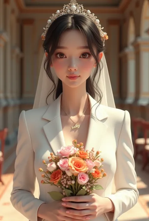 Create a 3D illusion realistic aesthetic where a 20 years old bride wearing a wedding suit, she’s looking at the camera, and she’s holding a bouquet, standing to the aisle The features "baby” at the necklace, she’s near at the camera