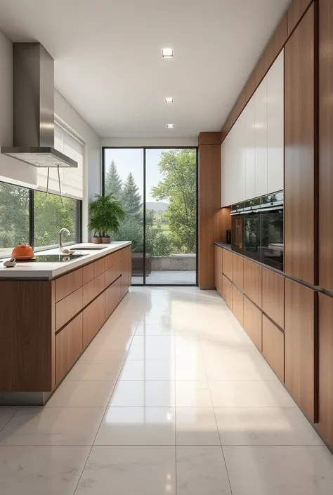 Kitchen with light spc floor ,  with white base and lower drawers in darker wood
