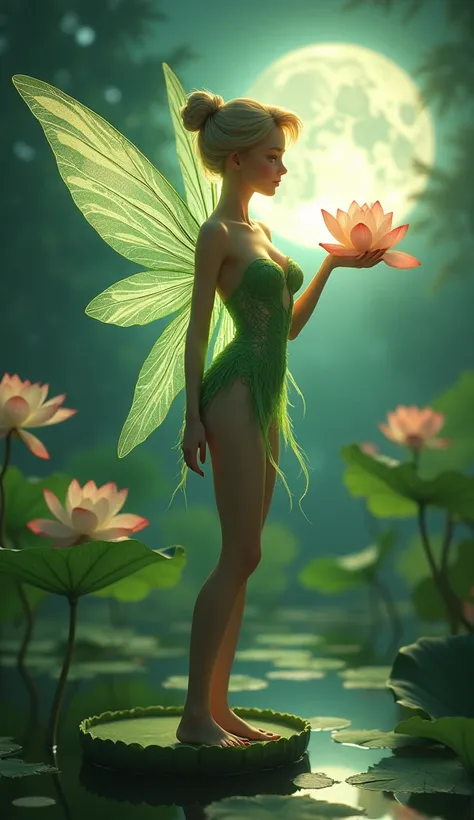 the proportions and detailed textures (in high quality), multicolor brushwork and softened with airbrush, semi-realism illustration featuring An exotic and sexy beauty  tinkerbell fairy (full body) with an innocent looking, angelic face, thick thighs, wide...