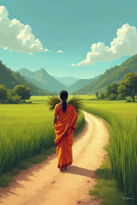 "A nostalgic scene of a mother walking down a dusty village path,wearing traditional saare, surrounded by green paddy fields and a vast blue sky. She carries a bundle of crops, her figure fading into the distance as if in memory. The scene evokes a deep co...