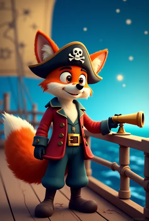 ! Foxy the Pirate is standing on the deck of a pirate ship , with a telescope in his hand ,  looking at the horizon.  The background includes a treasure map and the ocean under a starry sky. THE PHRASE " Pirate adventures with Foxy !"  stands out at the to...